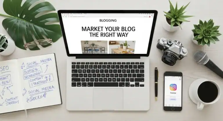 Blog marketing strategies 2025: Laptop, social media, notebook, and desk flatlay.